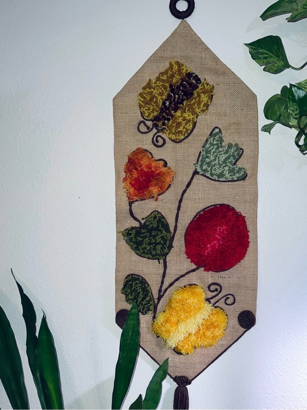 MCM Handmade Floral Butterfly Hooked Wall Hanging Vintage 70’s Anthropologie